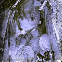 Rule 34 | 1girl, blush, breast pocket, closed mouth, collared shirt, commentary, detached sleeves, dot nose, eyelashes, fingernails, frown, hair between eyes, hatsune miku, headset, highres, long hair, monochrome, number tattoo, pocket, shirt, shoulder tattoo, solo, tattoo, twintails, upper body, vocaloid, yatatashira