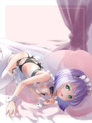 Rule 34 | 1girl, :d, absurdres, apron, ass, bed sheet, black hairband, black panties, black ribbon, blush, breasts, cleavage, framed, fune (fune93ojj), garter belt, green eyes, grey hair, hairband, highres, looking at viewer, maid headdress, medium hair, neck ribbon, open mouth, original, panties, pillow, ribbon, shiny skin, side-tie panties, small breasts, smile, solo, thighhighs, underwear, waist apron, white apron, white thighhighs, wrist cuffs