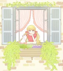 Rule 34 | 1girl, animal, blonde hair, bow, braid, cat, closed mouth, curtains, dot mouth, dress, expressionless, flower, grey eyes, hair bow, hand on own elbow, hand on own face, head rest, highres, long hair, messy hair, necono naco, no nose, open window, original, plaid, plaid dress, plant, purple flower, red bow, red dress, signature, sleeveless, sleeveless dress, solo, vines, white cat, window