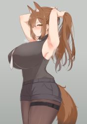 Rule 34 | 1girl, absurdres, alternate breast size, animal ear fluff, animal ears, arknights, armpits, arms up, between breasts, black shirt, black shorts, blush, braid, breasts, breath, brown eyes, brown hair, brown pantyhose, collared shirt, commentary, covered erect nipples, cowboy shot, fox ears, fox girl, fox tail, franka (arknights), french braid, grey background, hair between eyes, hair tie, half-closed eyes, half updo, heavy breathing, highres, huge breasts, impossible clothes, lips, long hair, looking at viewer, necktie, necktie between breasts, noe (ppppriver), pantyhose, ponytail, puckered lips, shirt, shirt tucked in, short shorts, shorts, simple background, skindentation, sleeveless, sleeveless shirt, solo, steaming body, sweat, tail, taut clothes, taut shirt, thigh strap, tying hair, white necktie, wing collar