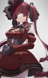 Rule 34 | 1girl, :/, bare shoulders, blunt bangs, bow, bowtie, breasts, cleavage, closed mouth, compass, corset, curly hair, detached sleeves, eyepatch, from below, gloves, gothic lolita, hair ribbon, hat, high collar, highres, hololive, houshou marine, lace-up, lace trim, lolita fashion, long hair, looking to the side, medium breasts, medium skirt, own hands clasped, own hands together, petticoat, red eyes, red hair, ribbon, see-through, see-through cleavage, skirt, solo, thighhighs, top hat, veil, very long hair, virtual youtuber, yamada (yamadadesuyo212), zettai ryouiki