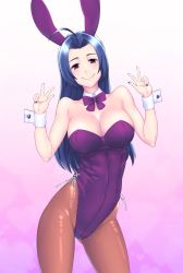 Rule 34 | 1girl, ahoge, animal ears, bare shoulders, bow, bowtie, breasts, cleavage, detached collar, double v, fake animal ears, highres, idolmaster, idolmaster (classic), large breasts, leotard, long hair, looking at viewer, miura azusa, oku (okumen), pantyhose, playboy bunny, rabbit ears, red eyes, smile, solo, v, wrist cuffs