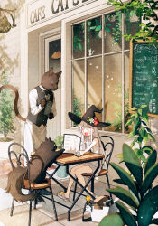 Rule 34 | 1girl, :d, apron, black bow, black bowtie, black cat, black vest, blush, bow, bowtie, cafe, cat, chair, chalkboard, commentary request, day, english text, flower, formal, furry, ghost, grey skirt, hat, hat flower, highres, hinata (echoloveloli), holding, holding menu, long hair, long sleeves, looking at animal, menu, miniskirt, open mouth, original, outdoors, plant, pleated skirt, potted plant, red eyes, red flower, sailor collar, sandals, sapling, school uniform, serafuku, shadow, shirt, sign, sitting, skirt, sleeveless, sleeveless shirt, smile, solo, straight hair, table, traditional bowtie, vest, waist apron, waiter, white apron, white hair, white sailor collar, white shirt, window, witch hat