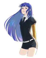 Rule 34 | 1other, absurdres, belt, black gloves, black shirt, blue eyes, blue hair, blunt bangs, collared shirt, colored eyelashes, contrapposto, cropped legs, elbow gloves, gem uniform (houseki no kuni), gloves, gold, golden arms, hdyjeon, highres, hime cut, houseki no kuni, looking at viewer, necktie, other focus, phosphophyllite, phosphophyllite (ll), puffy short sleeves, puffy sleeves, shirt, short jumpsuit, short shorts, short sleeves, shorts, sidelocks, simple background, smile, solo, straight hair, white background, white belt, white shirt