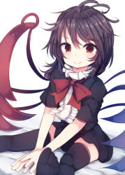 Rule 34 | &gt;:), 1girl, arm support, asymmetrical wings, beni shake, black dress, black hair, black thighhighs, blush, bow, colored eyelashes, commentary request, dress, hair between eyes, houjuu nue, looking at viewer, messy hair, outstretched leg, red eyes, red ribbon, ribbon, short dress, short hair, sitting, smile, soles, solo, thighhighs, toes, touhou, v-shaped eyebrows, wings, zettai ryouiki