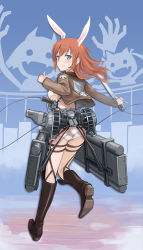 Rule 34 | 1girl, animal ears, blue eyes, boots, breasts, brown hair, charlotte e. yeager, francesca lucchini, gun, jacket, knee boots, lif (lif &amp; ref), looking back, miyafuji yoshika, panties, rabbit ears, rabbit girl, rabbit tail, shingeki no kyojin, silhouette demon, smile, solo, strike witches, sword, tail, three-dimensional maneuver gear, thumbs up, underboob, underwear, weapon, white panties, world witches series