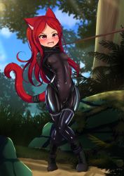 Rule 34 | 1girl, absurdres, animal ears, armbinder, arms behind back, best girls, black bodysuit, blush, bodysuit, bondage outfit, boots, bound tail, breasts, cat ears, cat tail, collar, commentary, commission, day, english commentary, facing viewer, fangs, gluteal fold, highres, hotel01, leash, open mouth, original, outdoors, parted bangs, red eyes, red hair, shiny clothes, skin tight, slave, slit pupils, small breasts, solo, tail, thigh gap, walking