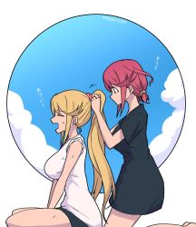 Rule 34 | 2girls, alternate costume, black shirt, blonde hair, breasts, casual, closed eyes, highres, large breasts, long hair, mochimochi (xseynao), multiple girls, mythra (xenoblade), open mouth, ponytail, pyra (xenoblade), red eyes, red hair, shirt, short hair, t-shirt, tank top, twintails, tying another&#039;s hair, tying hair, white shirt, xenoblade chronicles (series), xenoblade chronicles 2