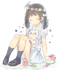Rule 34 | 1girl, animal, animal on head, apple, bird, bird on head, black socks, blush, brown footwear, brown hair, closed eyes, closed mouth, commentary request, dress, facing viewer, flower, flower wreath, food, fruit, full body, head wreath, loafers, long hair, low twintails, hugging object, on head, original, pigeon-toed, puffy short sleeves, puffy sleeves, red apple, rose, sencha (senta 10), shoes, short sleeves, sitting, socks, solo, stuffed animal, stuffed toy, teddy bear, twintails, white background, white dress, white flower, white rose