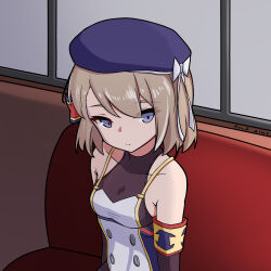 Rule 34 | 1girl, armband, artist name, azur lane, bare shoulders, beret, blue hat, bow, breasts, brown hair, brown sleeves, collarbone, commentary request, couch, covered collarbone, detached sleeves, hair bow, hat, hat bow, highres, indoors, medium breasts, on couch, purple eyes, rock zinc, short hair, signature, sitting, solo, striped bow, upper body, white bow, z23 (azur lane)