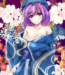 Rule 34 | 1girl, bad id, bad pixiv id, breasts, cleavage, faux traditional media, flower, hat, japanese clothes, kimono, large breasts, mob cap, moruchi (rinaka moruchi), obi, off shoulder, pink eyes, pink hair, saigyouji yuyuko, sash, short hair, sleeves past wrists, smile, solo, touhou, traditional clothes, wavy hair, wide sleeves