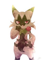 Rule 34 | claws, closed mouth, creatures (company), floragato, furry, game freak, miinyanda000000, nintendo, pink eyes, pokemon, pokemon (creature), scarf, signature, simple background, solo, standing, tongue, tongue out, white background