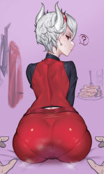 Rule 34 | 1girl, ass, bad id, bad pixiv id, beelzebub (helltaker), black shirt, blouse, demon girl, from behind, helltaker, highres, horns, huge ass, looking at viewer, looking back, pants, pantylines, pink background, pov, red eyes, red sweater vest, shiny clothes, shirt, short hair, silver hair, simple background, sitting, solo focus, sweater vest, tungsten