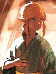 Rule 34 | 1boy, alternate costume, bellhenge, blonde hair, closed mouth, commentary, green eyes, green kimono, japanese clothes, kimono, link, looking to the side, male focus, medium hair, nintendo, non porn, pointy ears, sash, sidelocks, solo, the legend of zelda, the legend of zelda: breath of the wild, upper body, wide sleeves, yellow sash, yukata