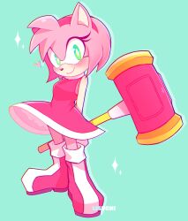 Rule 34 | 1girl, amy rose, blush, dress, eyelashes, furry, furry female, green background, green eyes, hairband, hammer, heart, highres, holding, holding hammer, lisuchi, looking at viewer, pink fur, red dress, red footwear, red hairband, sleeveless, sleeveless dress, smile, sonic (series), sparkle