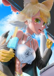 Rule 34 | 1girl, aburaeoyaji, animal costume, animal ear fluff, animal ears, black jacket, blonde hair, coyote (kemono friends), wolf ears, wolf tail, food, gloves, highres, ice cream, jacket, kemono friends, kemono friends v project, looking at viewer, open mouth, shirt, short hair, skirt, sleeveless, sleeveless shirt, solo, summer, tail, virtual youtuber, yellow eyes