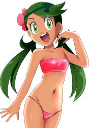 Rule 34 | 1girl, bikini, breasts, collarbone, creatures (company), dark-skinned female, dark skin, flower, game freak, green eyes, green hair, hainchu, hair flower, hair ornament, highres, long hair, looking at viewer, low twintails, mallow (pokemon), navel, nintendo, open mouth, pink bikini, pokemon, pokemon (anime), pokemon sm (anime), simple background, small breasts, smile, solo, swimsuit, teeth, twintails, white background