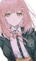 1girl blunt_bangs blush brown_eyes brown_skirt collared_shirt danganronpa_(series) danganronpa_2:_goodbye_despair dress_shirt frown green_jacket green_shirt hair_ornament hairclip highres hood jacket looking_at_viewer medium_hair nanami_chiaki neck_ribbon nokoru_sora open_clothes open_jacket pink_eyes pink_hair pink_ribbon ribbon shirt shirt_tucked_in simple_background sketch skirt solo spaceship_hair_ornament upper_body white_background white_shirt