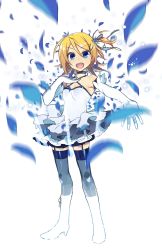 Rule 34 | 1girl, :d, blonde hair, blue eyes, blush, boots, bow, choker, dress, eyebrows, flower, frilled dress, frills, garter belt, garter straps, gloves, hair between eyes, hair bow, hair ornament, hair ribbon, hairclip, hand on own chest, kagamine rin, knee boots, looking at viewer, motion blur, negi (ulog&#039;be), one side up, open mouth, outstretched arm, petals, ribbon, rose, sano takayuki (samfree), shoes, short dress, short hair, sleeveless, smile, solo, tears, thighhighs, unfinished, vocaloid, white background, white bow, white dress, white footwear, white gloves, white ribbon