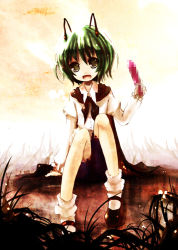 Rule 34 | 1girl, antennae, censored, female focus, green hair, kurona, looking at viewer, mosaic censoring, open mouth, sex toy, short hair, sitting, smile, solo, touhou, vibrator, wriggle nightbug
