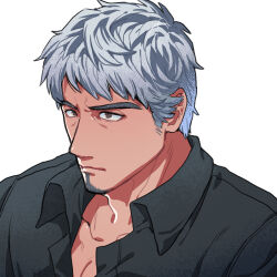 Rule 34 | 1boy, bara, character request, collared shirt, facial hair, goatee, grey hair, husagin, looking up, male focus, mature male, partially unbuttoned, pectoral cleavage, pectorals, portrait, ryuu ga gotoku (series), ryuu ga gotoku 8, shirt, short hair, sideburns, solo, thick eyebrows