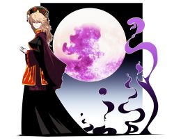 Rule 34 | &gt;:), 1girl, black dress, blonde hair, breasts, chinese clothes, closed mouth, crescent, dress, energy, from side, full body, full moon, hat, highres, junko (touhou), kikoka (mizuumi), long hair, long sleeves, looking at viewer, looking to the side, medium breasts, moon, pale skin, red eyes, sash, smile, solo, standing, tabard, touhou, v-shaped eyebrows, wide sleeves