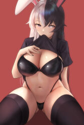 Rule 34 | 1girl, absurdres, animal ears, black bra, black eyes, black hair, black nails, black panties, black shirt, black thighhighs, bra, breasts, clothes lift, commission, hand on own chest, heterochromia, highleg, highleg panties, highres, large breasts, lifted by self, long hair, looking at viewer, mouth hold, multicolored hair, navel, nemo (aeon2801), original, panties, rabbit ears, rabbit girl, red background, shirt, shirt lift, solo, split-color hair, stomach, t-shirt, thick thighs, thighhighs, thighs, underwear, very long hair, white eyes, white hair