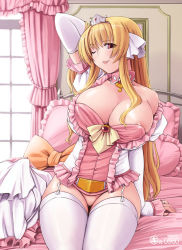 Rule 34 | 1girl, ;p, areola slip, arm up, arm warmers, bed, blonde hair, breasts, cecilia buruushiea, choker, cleavage, crown, curvy, elbow gloves, garter straps, gloves, hair over breasts, hat, huge breasts, jewelry, kei jiei, large breasts, lingerie, nipple slip, nipples, no panties, one eye closed, ring, shiawase na ohimesama, sidelocks, sitting, solo, thighhighs, tongue, tongue out, underwear, white thighhighs, wink
