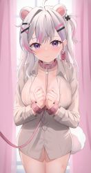 Rule 34 | 1girl, absurdres, ahoge, animal ears, between breasts, breasts, cleavage, closed mouth, collar, collarbone, collared shirt, commentary request, curtains, day, dress shirt, grey hair, grey shirt, hair ornament, hairclip, highres, indoors, koiten production, large breasts, leash, looking at viewer, multicolored hair, naked shirt, own hands together, pink collar, pink hair, purple eyes, purple hair, shirt, single hair intake, solo, standing, starfox1015, streaked hair, sunlight, tail, virtual youtuber, window, x hair ornament, xiho (vtuber)