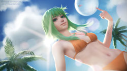 Rule 34 | 1girl, balancing, ball, bikini, blue sky, cloud, day, dutch angle, from below, gohpot, green eyes, green hair, gumi, highres, holding, holding ball, image sample, lens flare, matching hair/eyes, navel, palm tree, side-tie bottom, sky, smile, solo, sun, swimsuit, tree, vocaloid, volleyball (object)