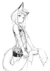 Rule 34 | 1girl, ahoge, animal ear fluff, animal ears, bike shorts, fox ears, fox girl, fox tail, greyscale, hikimayu, jaco, monochrome, off shoulder, original, see-through, short shorts, shorts, solo, tail, thick eyebrows, wet, wet clothes, wet hair, white background, wringing