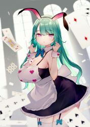 Rule 34 | 1girl, animal ears, apron, between breasts, black skirt, blue bow, blue bowtie, blurry, blurry background, bow, bowtie, breasts, card, card between breasts, cleavage, commentary request, detached collar, fake animal ears, garter straps, green hair, hands up, highres, large breasts, long hair, looking at viewer, miya9, original, pink eyes, rabbit ears, skirt, solo, thighhighs, thighs, white apron, white thighhighs