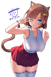 Rule 34 | 1girl, ;d, animal ears, arm up, armpits, backlighting, bare arms, bare shoulders, blue eyes, breasts, brown hair, cat ears, cat girl, cat tail, check copyright, cleavage, collarbone, copyright request, cowboy shot, dated, fang, hand up, hori (hori no su), japanese clothes, large breasts, leaning forward, looking at viewer, miko, miniskirt, one eye closed, open mouth, original, pleated skirt, red skirt, shirt, short hair, simple background, skirt, sleeveless, sleeveless shirt, smile, solo, tail, thighhighs, thighs, v, v over eye, white background, white shirt, white thighhighs, wristband, zettai ryouiki