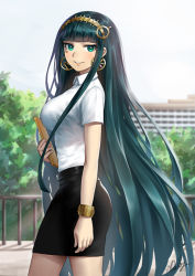 Rule 34 | 1girl, :d, alternate costume, arm at side, belt, black skirt, blunt bangs, blurry, blurry background, blush, bracelet, breasts, cleopatra (fate), collared shirt, cowboy shot, depth of field, earrings, facial tattoo, fate/grand order, fate (series), from side, green eyes, green hair, grin, hairband, highres, holding, hoop earrings, jewelry, lips, long hair, looking at viewer, looking to the side, medium breasts, nhaliz, office lady, open mouth, pencil skirt, railing, shirt, signature, skirt, smile, solo, tattoo, teeth, town, tsurime, very long hair, walking, white shirt, wing collar