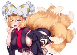 Rule 34 | 1girl, animal hat, azur lane, bent over, blonde hair, breasts, cosplay, fox tail, hand up, hat, large breasts, large tail, looking at viewer, mob cap, multiple tails, ofuda, open mouth, paw pose, short hair, sideboob, simple background, smile, solo, tail, tassel, thighhighs, touhou, white background, white hat, white thighhighs, wildcat (kusonemi), yakumo ran, yamashiro (azur lane), yamashiro (azur lane) (cosplay), yellow eyes