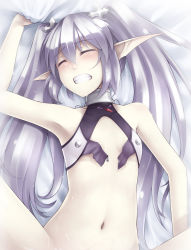 Rule 34 | 1girl, agarest senki, agarest senki (series), arm up, armpits, bed sheet, blush, clenched teeth, closed eyes, elf, flat chest, fyuria, fyuria (agarest senki), grey theme, hair ornament, highres, implied sex, long hair, lying, midriff, navel, on back, out-of-frame censoring, out of frame, pale skin, pointy ears, ricegnat, sexually suggestive, sheet grab, silver hair, solo, spread legs, sweat, teeth, twintails, very long hair