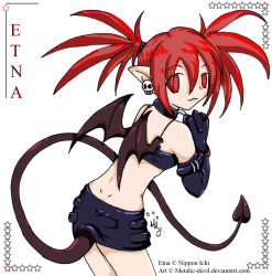 Rule 34 | 00s, 1girl, bat wings, belt, black gloves, bracelet, character name, choker, collar, cowboy shot, demon, demon girl, demon tail, dimples of venus, disgaea, earrings, etna (disgaea), female focus, from behind, gloves, jewelry, leaning forward, looking at viewer, looking back, makai senki disgaea, miniskirt, necklace, pointy ears, red eyes, red hair, simple background, skirt, solo, tail, twintails, white background, wings