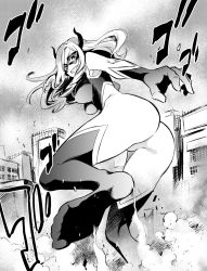 Rule 34 | 10s, 1girl, ass, bodysuit, boku no hero academia, breasts, building, city, domino mask, drill hair, excited, feet, fighting, full body, giant, giantess, gloves, greyscale, grin, happy, highres, horns, kurose kousuke, large breasts, leg up, long hair, looking at viewer, looking back, mask, monochrome, mount lady, no shoes, outdoors, outstretched arm, parted lips, skin tight, sky, smile, smoke, soles, solo, standing, standing on one leg, superhero costume, teeth, thighhighs