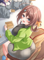 Rule 34 | 3girls, ahoge, ass, beans, black sweater, box, breasts, brown hair, chougei (kancolle), coat, from above, from behind, green jacket, grey eyes, grey skirt, hair ornament, hair rings, hairclip, highres, houndstooth, jacket, kantai collection, kasashi (kasasi008), large breasts, long hair, looking at viewer, looking back, masu, matsuwa (kancolle), multiple girls, skirt, solo focus, sweater, table, whale hair ornament