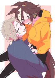 Rule 34 | 1boy, 1girl, :d, absurdres, bare shoulders, black pants, blue jacket, blush, border, brown eyes, brown hair, brown sweater, carrying, carrying person, closed eyes, glasses, hair over one eye, highres, hood, hoodie, horse girl, horse tail, jacket, long sleeves, maru (hachi 47923), open mouth, pants, pink background, smile, sweater, tail, trainer (umamusume), turtleneck, turtleneck sweater, umamusume, vodka (umamusume), white border, yellow hoodie