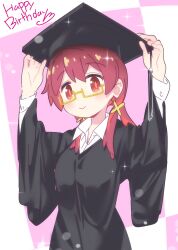 Rule 34 | 1girl, arms up, black hat, black robe, commentary, doku momo, dot nose, glasses, hair between eyes, hands on headwear, happy birthday, hat, highres, long hair, long sleeves, looking at viewer, low twintails, mortarboard, murosaki miyo, onii-chan wa oshimai!, red eyes, red hair, robe, semi-rimless eyewear, shirt, simple background, smile, solo, sparkle, twintails, under-rim eyewear, upper body, white shirt, wide sleeves, wing collar, yellow eyes