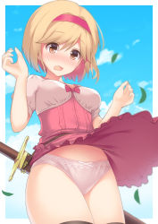Rule 34 | 1girl, absurdres, blonde hair, blue sky, blush, clothes lift, cloud, cloudy sky, commentary request, day, djeeta (granblue fantasy), dress, dress lift, embarrassed, granblue fantasy, hairband, hands up, highres, leaf, looking at viewer, mocchisake, outdoors, panties, pantyshot, pink panties, puffy short sleeves, puffy sleeves, red hairband, short hair, short sleeves, sky, solo, standing, surprised, sword, thighs, underwear, weapon, wind, wind lift, yellow eyes
