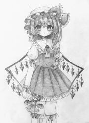 Rule 34 | 1girl, ascot, bow, closed mouth, collar, cowboy shot, crystal wings, doll, flandre scarlet, frilled collar, frilled skirt, frills, graphite (medium), greyscale, hat, hat bow, hatching (texture), highres, long hair, looking at viewer, mitama311, mob cap, monochrome, one side up, pleated skirt, puffy short sleeves, puffy sleeves, remilia scarlet, ribbon, short sleeves, simple background, skirt, skirt set, solo, touhou, traditional media, vest, white background, wrist cuffs