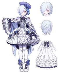 Rule 34 | 1boy, :d, back bow, beret, black bow, black bowtie, blue bow, blue flower, blue hat, blue ribbon, blue rose, boots, bow, bowtie, braid, cape, center frills, character sheet, commentary request, creatures (company), cross, cross-laced footwear, crossdressing, dress, dress bow, flower, fold-over boots, french braid, frilled dress, frills, full body, game freak, gen 5 pokemon, grey cape, hair bow, hair bun, hair over one eye, hat, hat bow, hat flower, highres, lace-up boots, litwick, lolita fashion, looking at viewer, male focus, moe (hamhamham), multiple views, nintendo, open mouth, outstretched arm, pantyhose, personification, pokemon, ribbon, rose, simple background, single hair bun, sleeves past fingers, sleeves past wrists, smile, solo, standing, trap, trapeze dress, white background, white dress, white footwear, white hair, white pantyhose, wide sleeves, yellow eyes