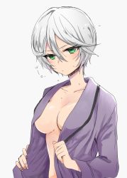 Rule 34 | 1girl, ashiyu (t0m1), bathrobe, breasts, cleavage, closed mouth, grey background, hair between eyes, highres, long sleeves, looking at viewer, medium breasts, open clothes, open robe, pretty series, pripara, robe, shikyoin hibiki, short hair, silver hair, simple background, solo, wet, wet hair