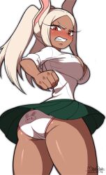 Rule 34 | 1girl, :d, absurdres, alternate hairstyle, animal ears, animal print, artist name, ass, back-print panties, blush, boku no hero academia, breasts, cleavage, clenched hand, clenched teeth, dark-skinned female, dark skin, dated, green skirt, highres, large breasts, long eyelashes, long hair, looking at viewer, maydaykiki, mirko, narrow waist, open mouth, panties, pantyshot, parted bangs, pleated skirt, print panties, rabbit ears, rabbit girl, rabbit panties, rabbit print, school uniform, shirt tucked in, signature, skirt, sleeves rolled up, smile, solo, teeth, thick thighs, thigh gap, thighs, twintails, twisted torso, underwear, v, white background, white hair, white panties, wide hips