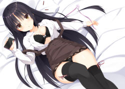 Rule 34 | 1girl, :&lt;, aria (koiiroharemoyou), bed sheet, black bra, black hair, black panties, black thighhighs, blush, bra, breasts, brown skirt, cafe stella to shinigami no chou, cellphone, cleavage, closed mouth, collarbone, collared shirt, commentary request, curvy, dutch angle, fingernails, flower, frilled bra, frills, furrowed brow, hair down, hair ornament, hairclip, hand up, head on pillow, high-waist skirt, holding, holding phone, knee up, legs, lips, long hair, looking at viewer, lying, medium breasts, miniskirt, mole, mole under eye, off shoulder, on back, open clothes, open shirt, panties, pantyshot, pencil skirt, phone, pink ribbon, red ribbon, ribbon, rose, shiki natsume, shirt, sidelocks, skirt, smartphone, solo, straight hair, suspender skirt, suspenders, thighhighs, thighs, underwear, unworn ribbon, upskirt, very long hair, white flower, white rose, white shirt, yellow eyes, yuzu-soft