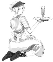 Rule 34 | 1girl, annie leonhart, apron, back bow, bow, chinese commentary, commentary request, cup, drinking glass, drinking straw, expressionless, from behind, full body, greyscale, hair bun, highres, holding, holding tray, looking at viewer, looking back, monochrome, official alternate costume, parted lips, ramiica, seiza, shingeki no kyojin, shirt, shoes, short hair, short sleeves, simple background, single hair bun, sitting, solo, striped clothes, striped shirt, tray, uniform, visor cap, white background