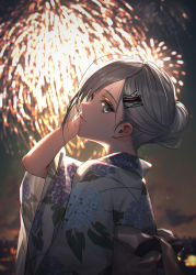 Rule 34 | 1girl, absurdres, blue eyes, blurry, blurry background, fireworks, floral print, from side, grey hair, hair ornament, hand in own hair, highres, japanese clothes, kimono, night, original, parted lips, print kimono, profile, short hair, solo, takubon, upper body