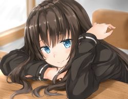 Rule 34 | 1girl, arm support, black hair, black shirt, blue eyes, blurry, blush, chair, closed mouth, depth of field, desk, hand up, head rest, indoors, leaning forward, long hair, long sleeves, looking at viewer, original, school desk, school uniform, shirt, smile, solo, tosaka teru, upper body
